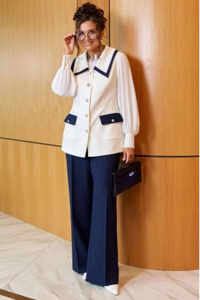 BEAUTIFUL-FREE 6380 молочно-темно-синий Костюм брючный