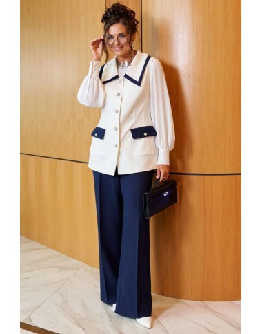 BEAUTIFUL-FREE 6380 молочно-темно-синий Костюм брючный